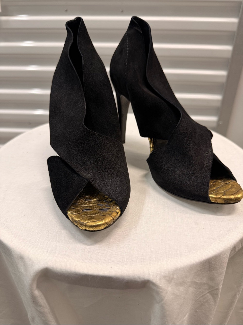 Pedro Garcia Black Suede Peep-Toe Stiletto Heels with Gold Toe Accent